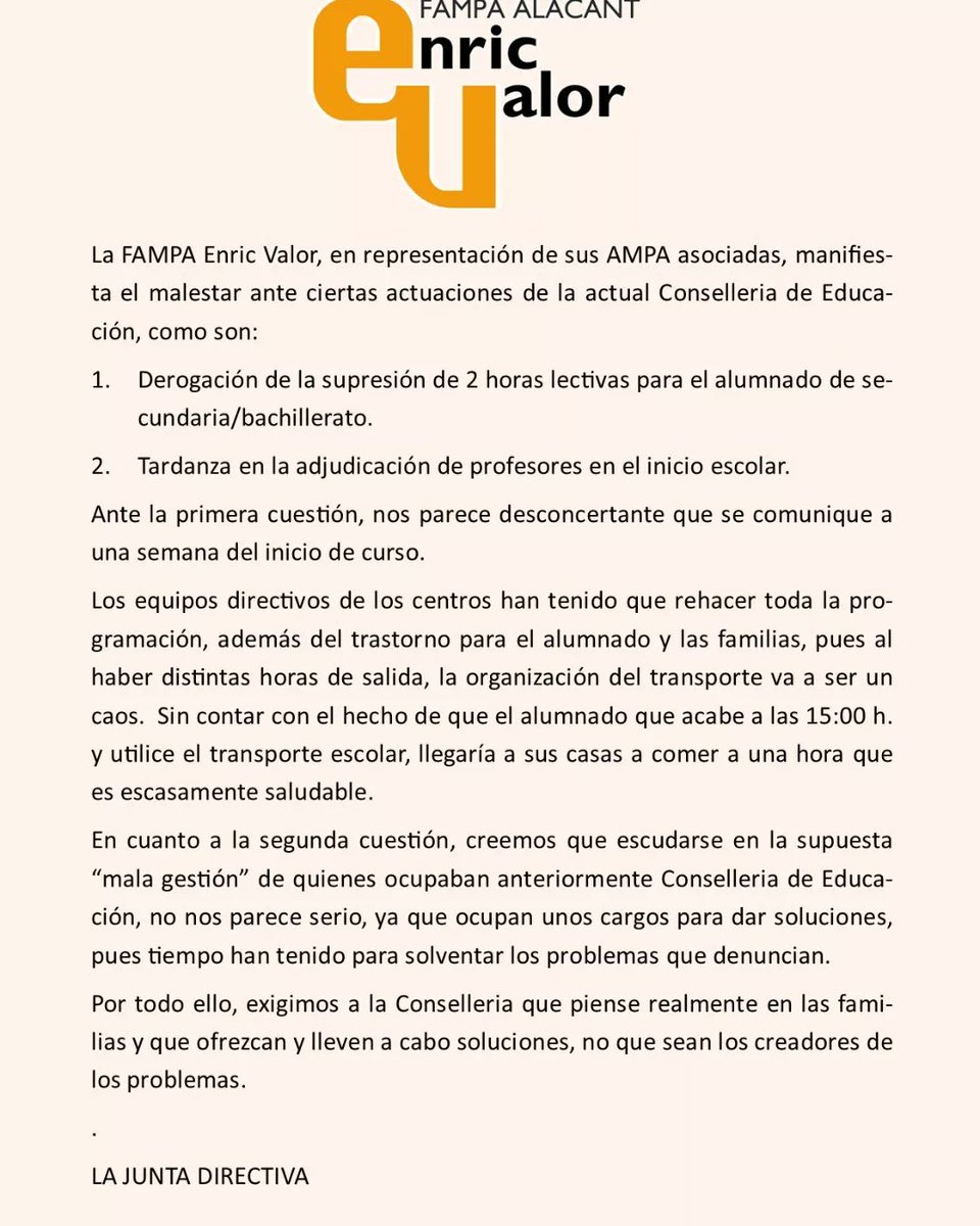 Comunicado de la FAMPA Enric Valor #escuelapublica #escueladignaydecalidad