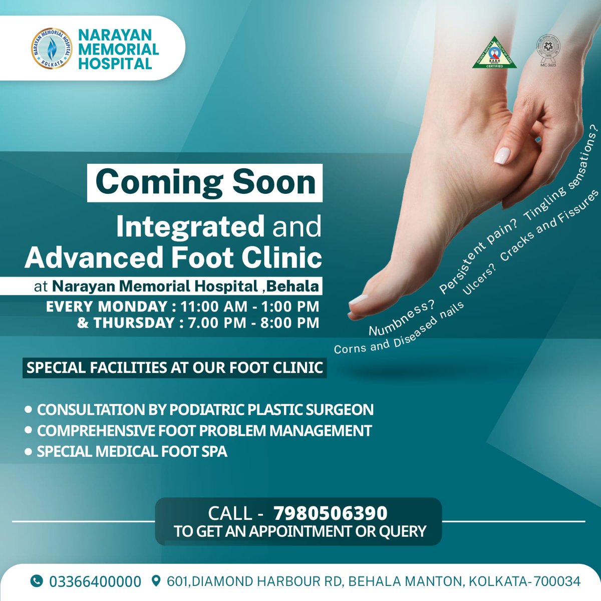 Set your foot to conquer your dreams bidding bye-bye to the pain
Integrated and Advanced Foot Clinic
At Narayan Memorial Hospital, Behala
Every Monday: 11 am-1 pm
and Thursday:  7 pm-8 pm
.
.
.
#footclinic #comingsoon #footcare #NMH
