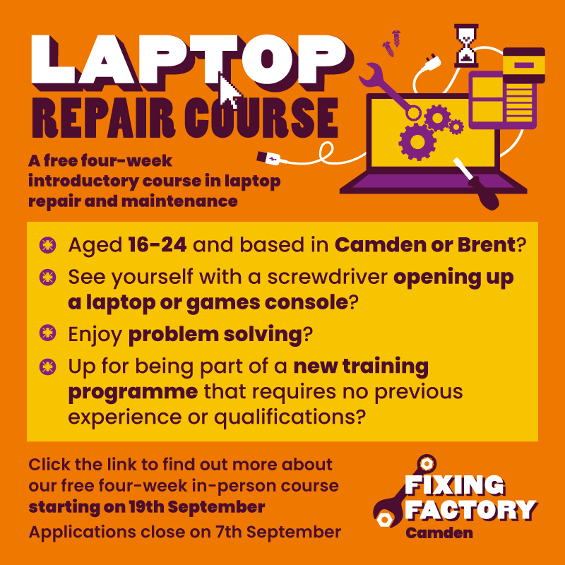 RestartProject's tweet photo. A reminder that applications close on 7th Sept for 'Fixing Fast Track - an introduction to laptop repair and maintenance'!🎉
⁠
The #FixingFactory team is excited to train five budding fixers! It could be the first step towards launching a career as a professional repairer🤩🔧 https://t.co/lgULzE52Ed