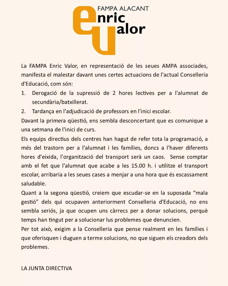 Comunicat de la FAMPA Enric Valor
#escolapublica #escoladignaidequalitat