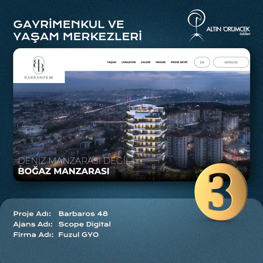 21. Altın Örümcek Ödülleri Web Sitesi - Gayrimenkul ve Yaşam Merkezleri kategorisinde 3. olan proje: Barbaros 48.  
👏🏻 Tebrik ederiz <a href="/agencyscope/">Scope Digital</a> &amp; <a href="/fuzulgyo_/">Fuzul GYO</a> 

#altinorumcek2023 #yapayağlar