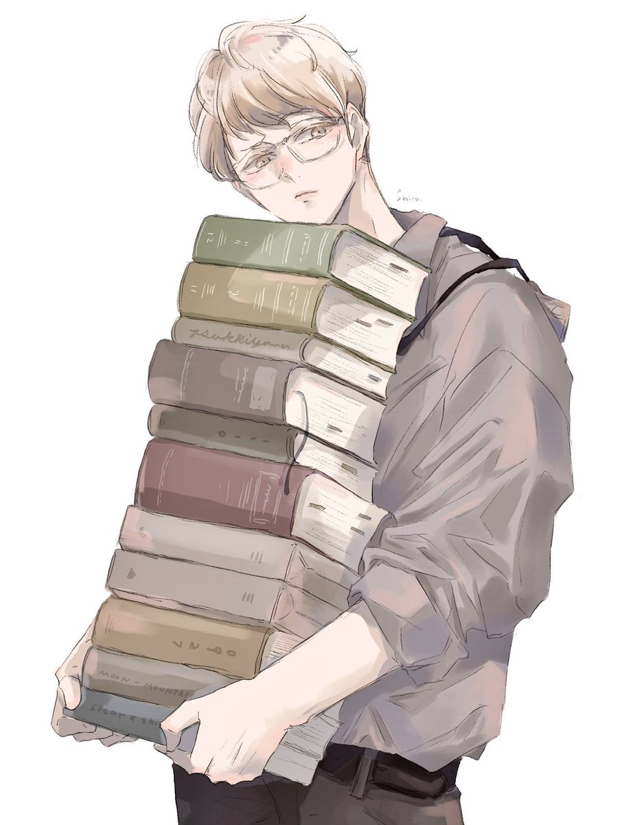 1boy book stack male focus book holding glasses solo  illustration images