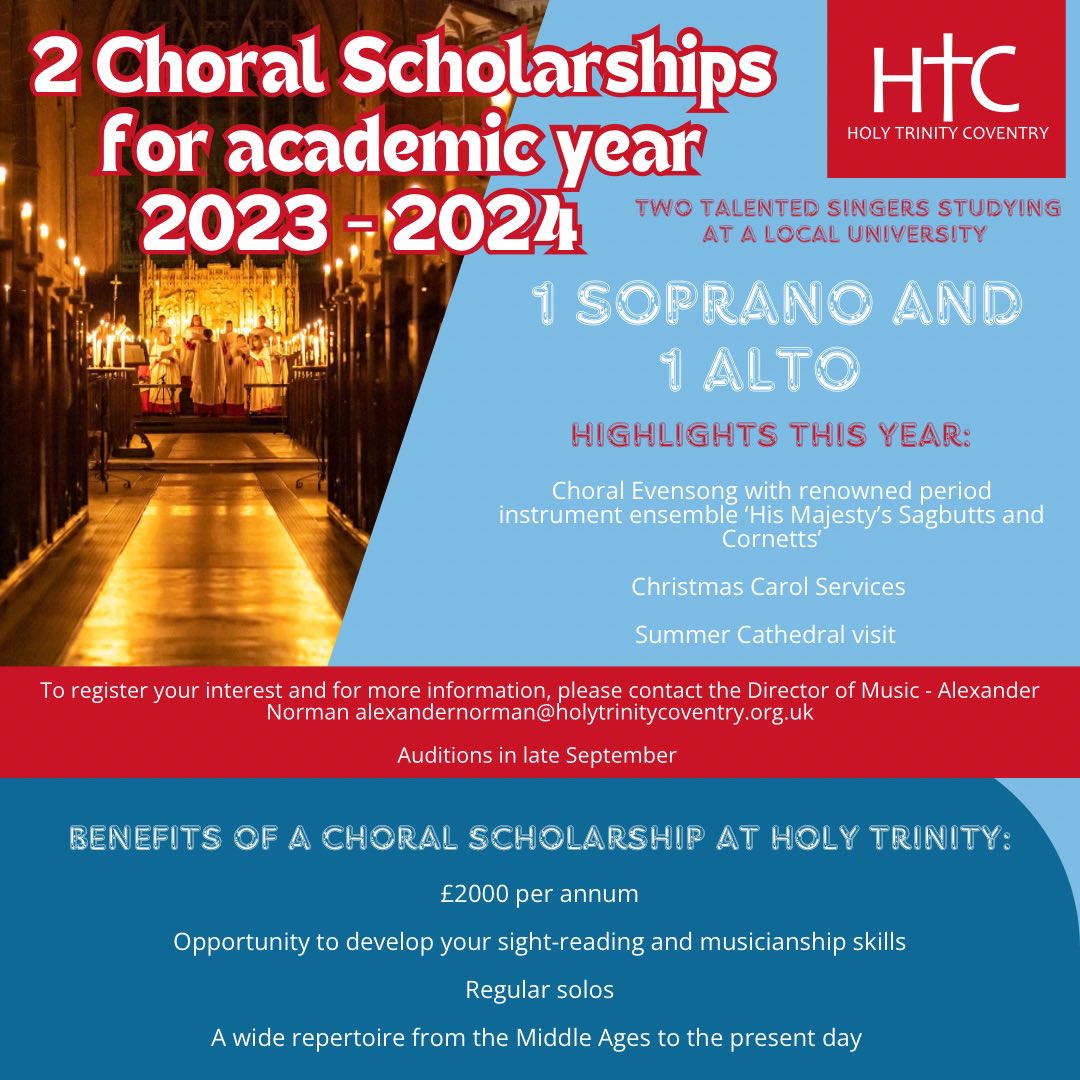 Holy Trinity Church Coventry (@htccoventry) on Twitter photo Attention to those who are attending university this year!
Well done to all! Check out our choral scholarships for this academic year, email alexandernorman@holytrinitycoventry.org.uk if you’re interested.
#choralscholarship #student #coventryuniversity #warwickuniversity Attention to those who are attending university this year!
Well done to all! Check out our choral scholarships for this academic year, email alexandernorman@holytrinitycoventry.org.uk if you’re interested.
#choralscholarship #student #coventryuniversity #warwickuniversity