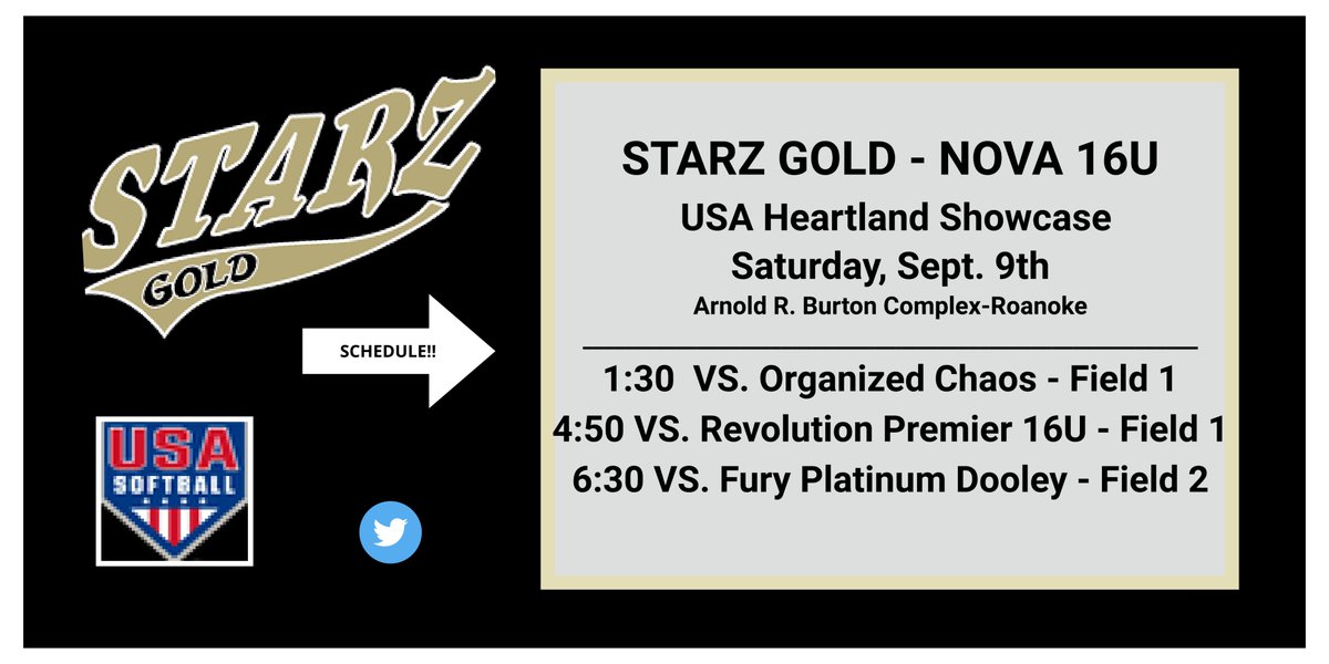 Schedule is out for the upcoming weekend at the USA Heartland Showcase - Roanoke.  Hope to see you there! <a href="/18uStarz/">Starz 18u Gold</a> <a href="/StarzGold/">StarzGold</a> @StarzGold_Nat <a href="/Los_Stuff/">Carlos Arias</a>