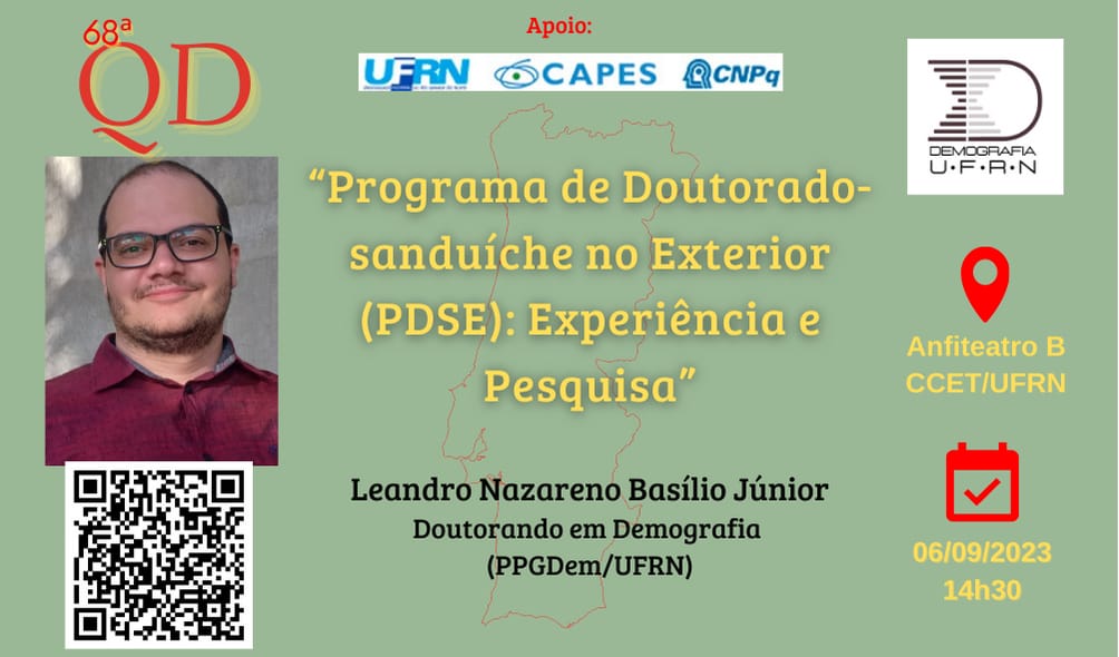 Essa semana tem QD! Será no dia 06/09, às 14h30, no Anfiteatro B do CCET/<a href="/ufrnbr/">UFRN</a>. A conversa será com nosso doutorando @leandrobasilio que participou recentemente do PDSE. Ele vai contar como foi sua experiência e quais foram contribuições para pesquisa.