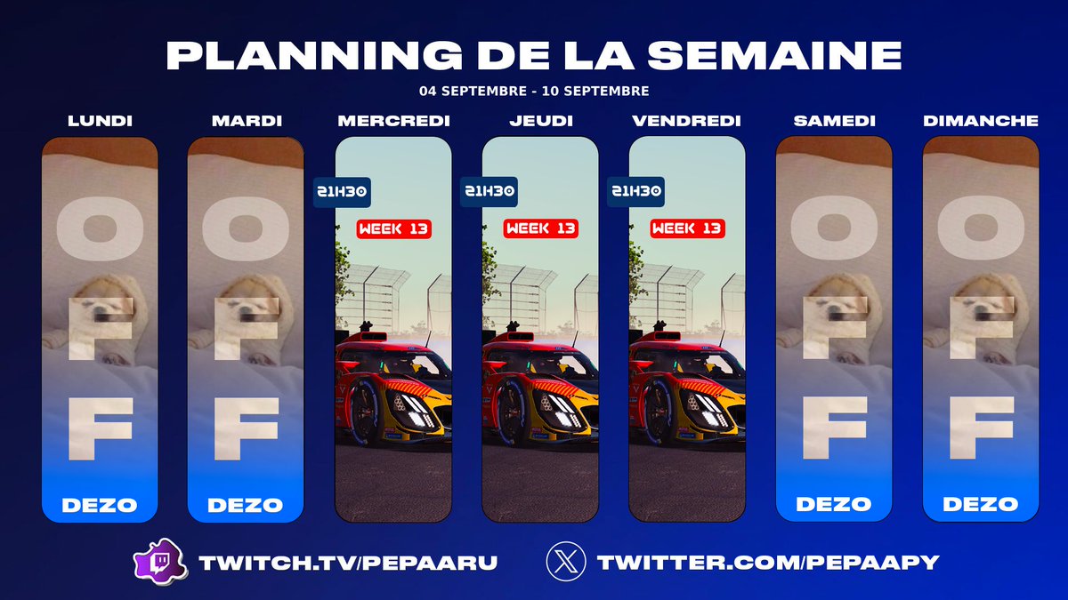 Week 13 

Semaine calme je vais en profiter pour me reposer un max et être prèt pour la Saison 4. 

Un bon lundi a tous et a mercredi.