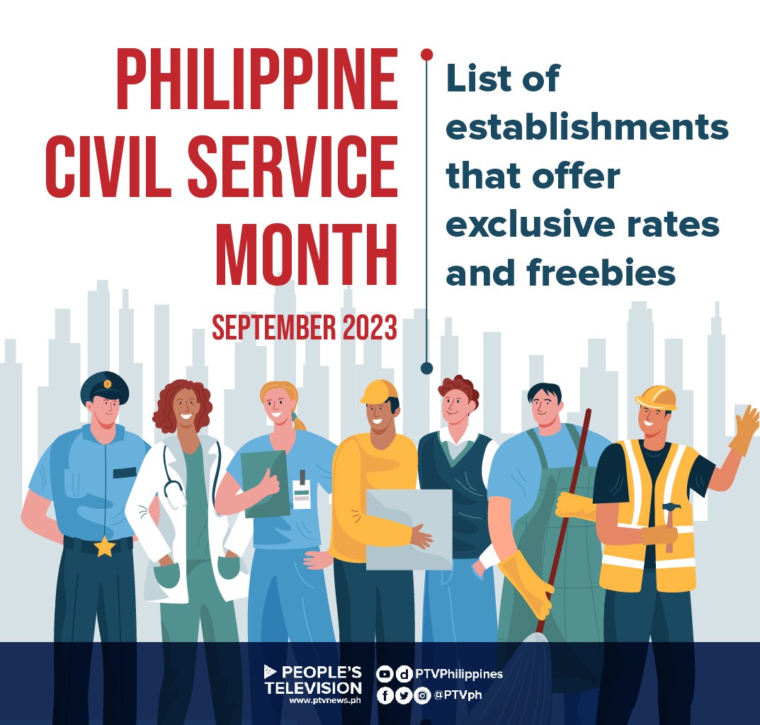 PTVph's tweet photo. In celebration of the 123rd Philippine Civil Service Anniversary and #CivilServiceMonth, government employees (active and retired), including Job Order and Contract of Service workers, may avail of several special treats and discount purchases from different CSC partners.
(1/2) https://t.co/RTNbJC3Fw2