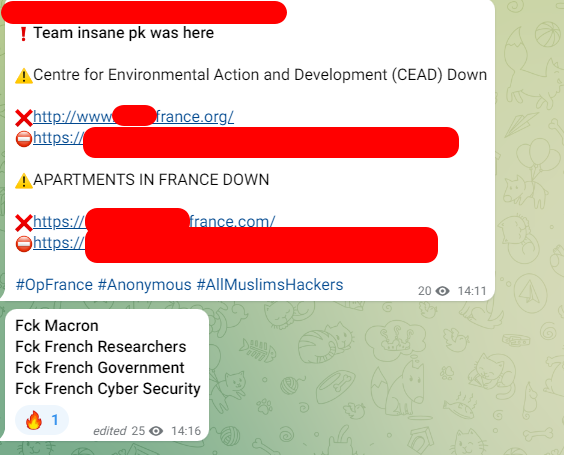 _SaxX_'s tweet photo. [🚨🚨CyberAlert, Vague massive d'attaques actuellement contre la France🇫🇷]

Mettez à jour vos sites utilisant des CMS et particulièrement #wordpress.

Hasard du calendrier, rentrée des classes, annonces politiques, ... quoi qu'il en soit, une cohorte de différents groupes de pirates, script kiddies, hacktivistes, cyber-opportunistes s'attaquent actuellement à la France au travers de "victimes collatérales" ! Des sites de particuliers, de petites entreprises qui n'ont rien demandés mais qui permettent d'amplifier l'attaque et les messages idéologiques, de propagande derrière !

Alertez vos clients, partenaires et redoublez de vigilance !

Sur l'heure qui vient de s'écouler, plus d'une 60aine de sites tournant avec le #CMS #wordpress ont été piratés ! On retrouve dans la liste, quelques sites qui ont été entièrement dépouillés de leurs données, la base de données effacée et les données publiées sur le clearweb !

Certainement que l'#ANSSI publiera un bulletin d'alerte dans les heures à venir.

En attendant redoublez de vigilance et pensez à faire des sauvegardes !

Cybèrement vôtre,

SaxX

#cyberalert #rentréedesclasses #cybersécurité #deface #webhacking #hacking #abaya  #anonymous