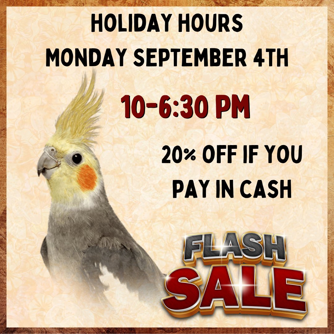 Last day of the sale. You still have time! Come on in and see the critters. 🙃😎😁

#RhondasAviary #supportsmallbusiness #Labordaysale #PayrollHero #SupportSmallBusinesses #AnimalLoversUnite #MakeAnOffer #CashSales #SpreadTheWord 🐶🐱🐰🐷🦜🦎🐢🐠🐍