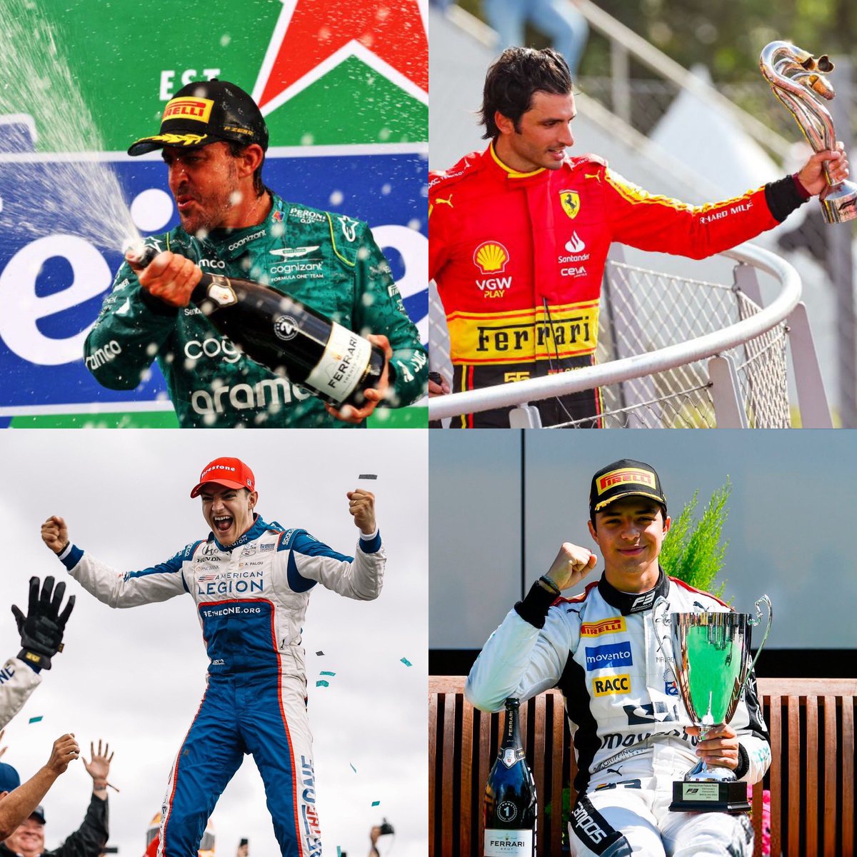 Tras este fin de semana tenemos a:

Fernando Alonso (F1): P3 🥉
Álex Palou (IndyCar): P1🥇🏆
Carlos Sainz (F1): P5
Pepe Martí (F3): P5 

Nada mal eh 🇪🇸