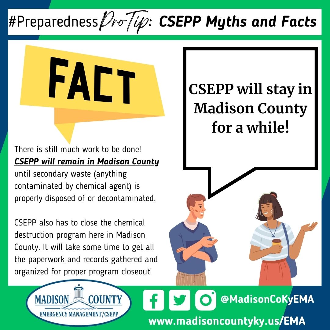 MadisonCoKyEMA's tweet photo. #PreparednessProTip! 👍
"CSEPP will stay in Madison County for a while!" That's a fact! We don't have an exact timeline, but CSEPP will continue serving our community until the mission is totally complete! #CSEPP #PartnersInPreparedness https://t.co/U9qqdJR2BJ