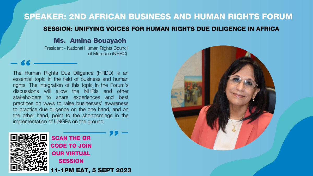 Inclusion of NHRIs in Business and Human Rights (BHR) dialogues can influence rapid realization of #BHR outcomes. We are therefore honored to have the President of @CNDHMaroc joining us as a speaker & NHRI rep during our HRDD session tomorrow. 
📍Mandela Hall-AUC HQ 
⏰11-1PM EAT