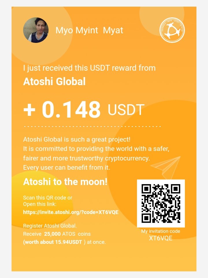 MyoMyintMy66673's tweet photo. Hey! Are you looking for a nice crytocurrency project? Check Atoshi Global out! I just got my rewards, try your chance too. Just go through this link: 
https://t.co/8Wdq4LjMcE
#ATOS
#Atoshitothemoon https://t.co/vKv6RIyM7w
