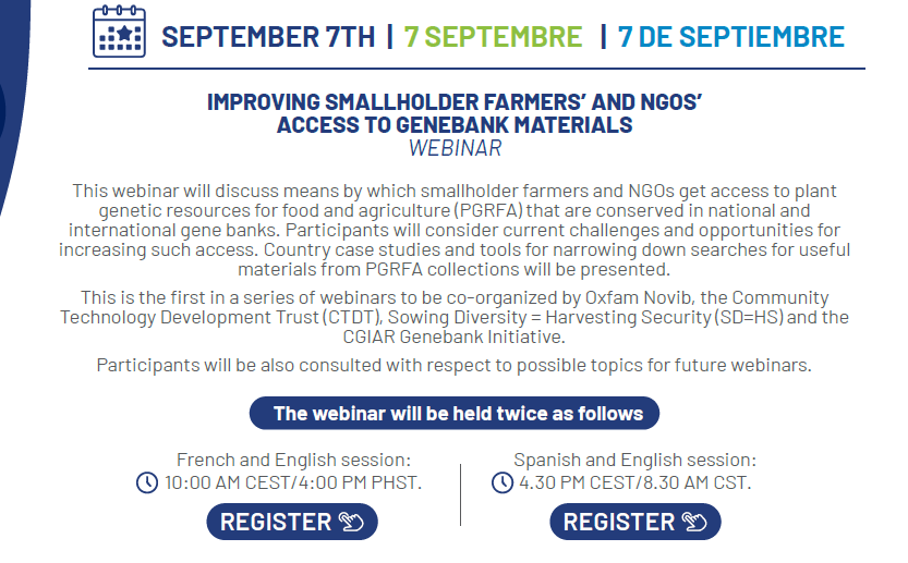 sdhsprogram's tweet image. 📢This Thursday, Sept 7, @oxfamnovib, @CGIAR and @CtdtZimbabwe organize a webinar (2x: Eng/Fr and Eng/Spa) on 'Improving smallholder farmers’ and NGOs’ access to genebank materials'.👩🏾‍🌾👨🏾‍🌾🌽🫘🥔🌾Register here: cgiar.org/news-events/ev…