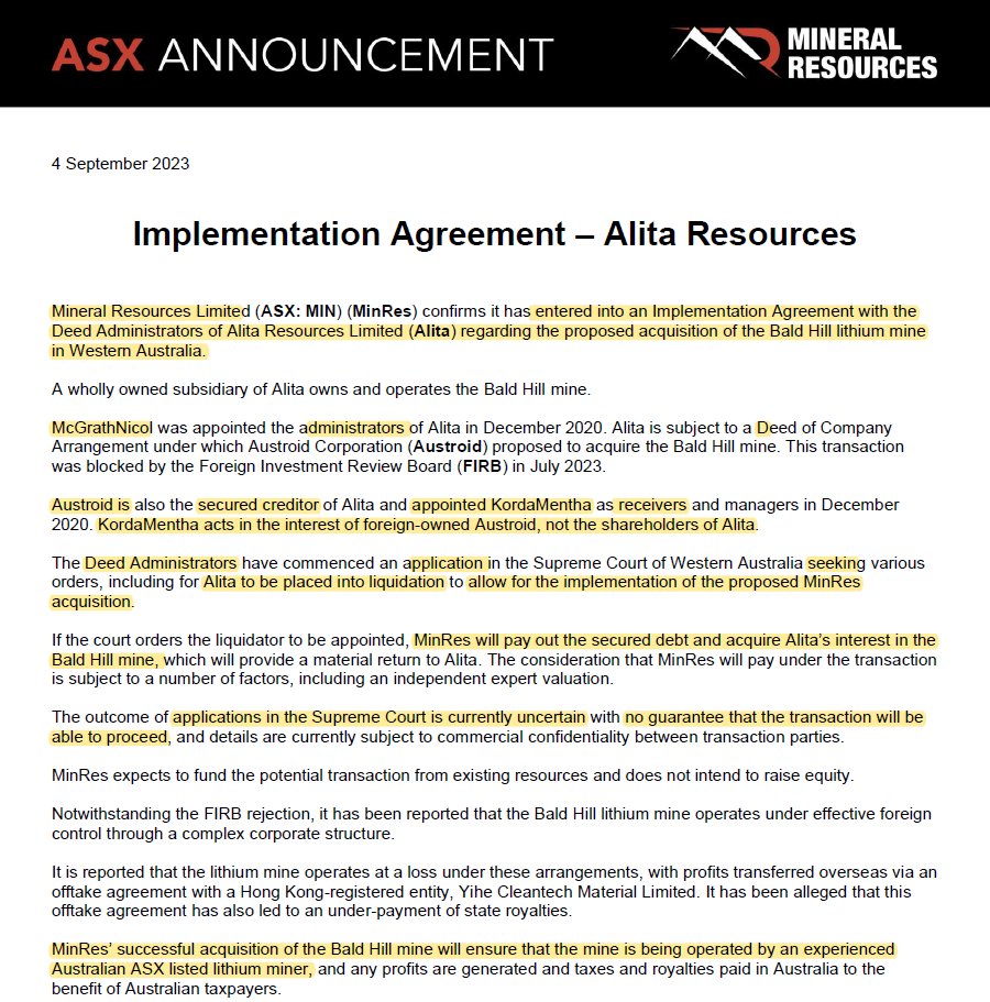 D_Jimenez_Sch's tweet photo. Mineral Resources confirms it has entered into an Implementation Agreement with the Deed Administrators of Alita Resources Limited (Alita) regarding the proposed acquisition of the Bald Hill lithium mine in Western Australia.

Outcome unclear
Consolidation happening https://t.co/OK4U5WD8kg