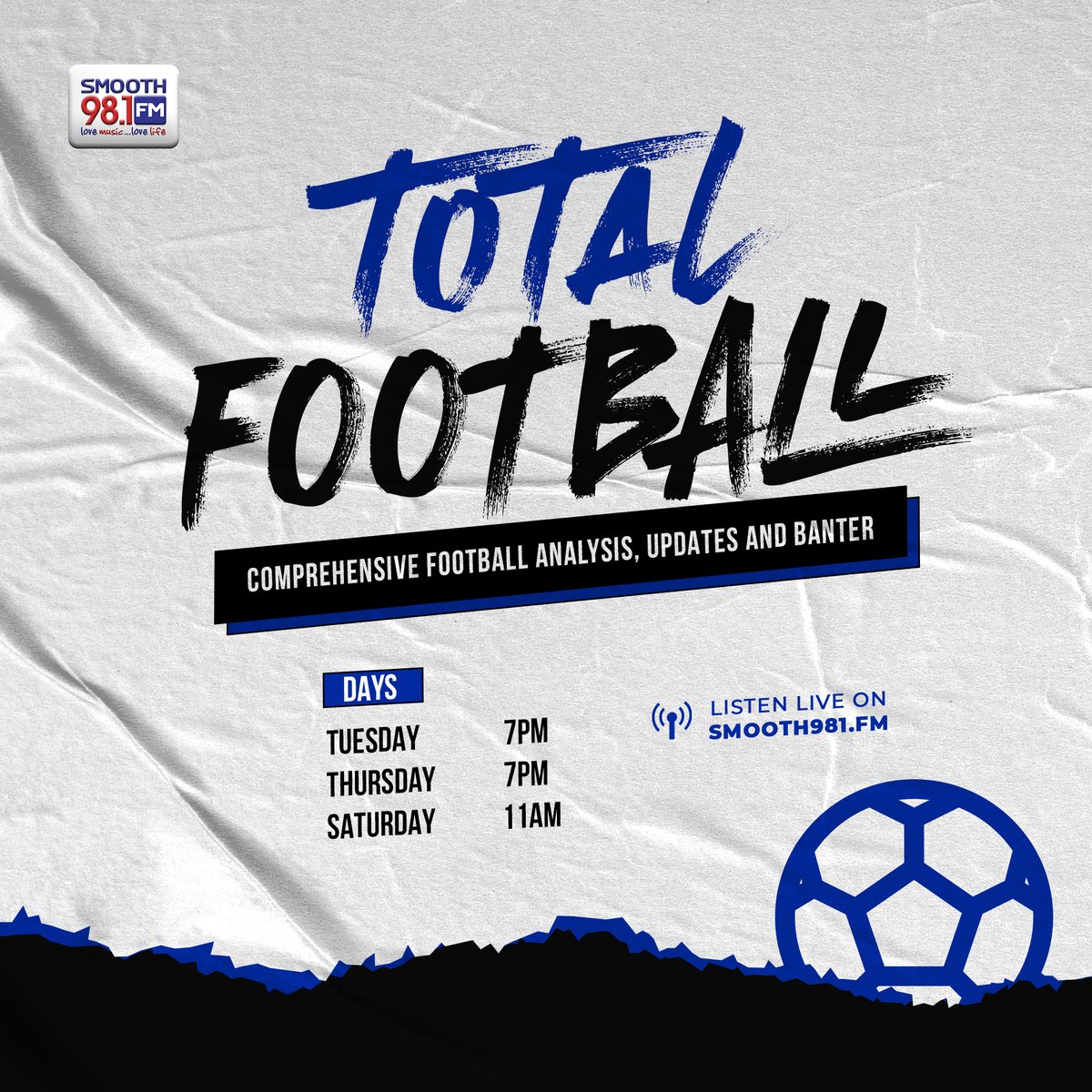 Smooth981FM's tweet photo. #NowLive - #SmoothTF
Join the Total Football team for another session of football updates and banter! ⚽️
@mpraiz @YubbyNduonofit @monday_iniobong @olakunlerufai_
Listen live: https://t.co/MJKwGb58rA
❤️💙🤍
#Smooth981 #Football #OnAir #SmoothFmLagos https://t.co/oV58Lm29Ba