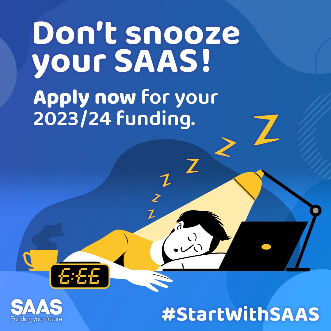 Don’t snooze your SAAS! ⏰

We’re looking forward to welcoming new students to #TeamUofG so soon. 👋

Start your university journey right – make sure you’ve submitted your <a href="/saastweet/">SAAS</a> funding application today at saas.gov.uk. #StartWithSAAS