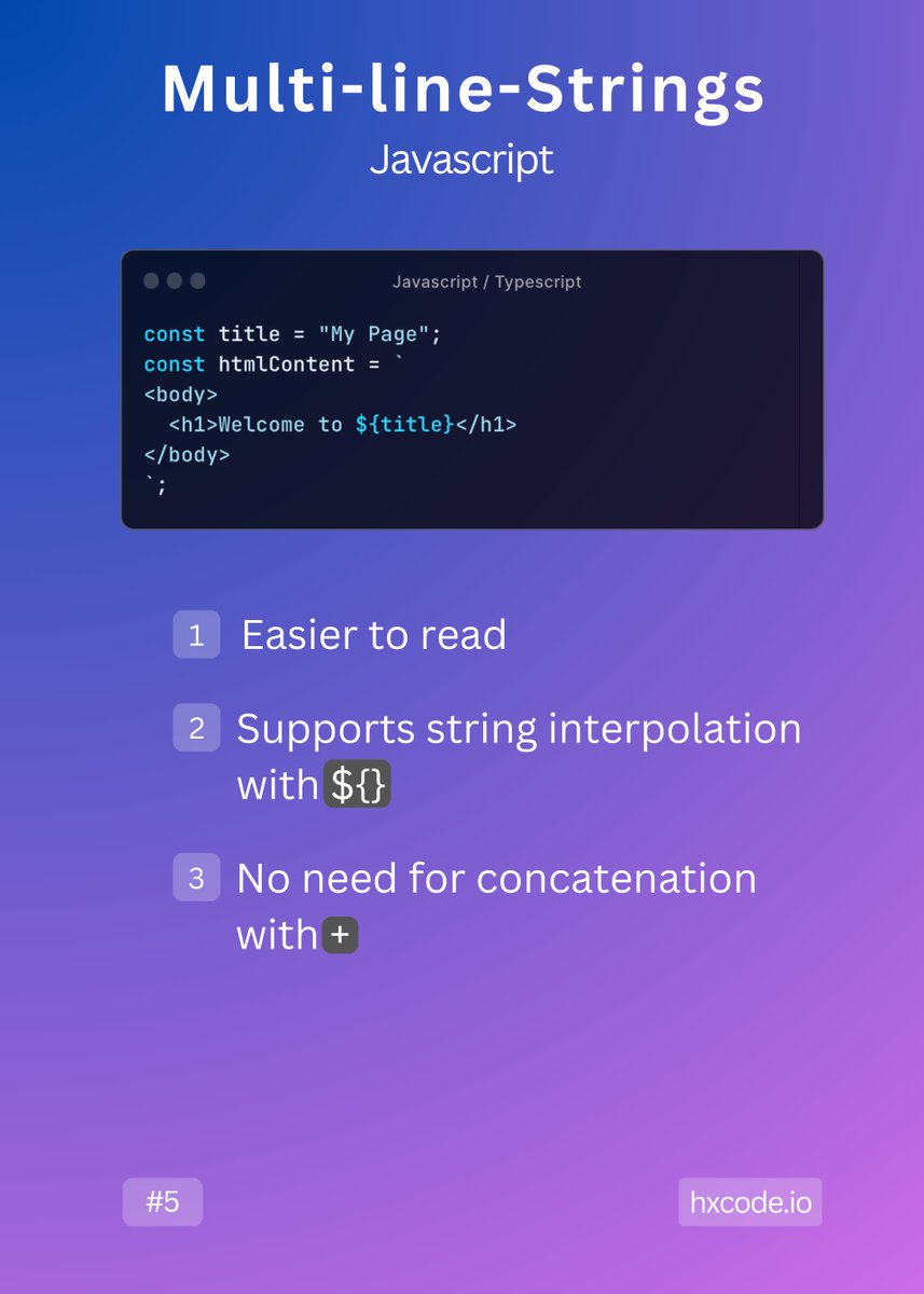 code_hx's tweet image. Use backticks (`) for multi-line strings!
#it #itlifehacks #webdeveloper #appdevelopment #hxcodetricks #tech #AI #100DaysOfCode #javascript #coding #education #edtech