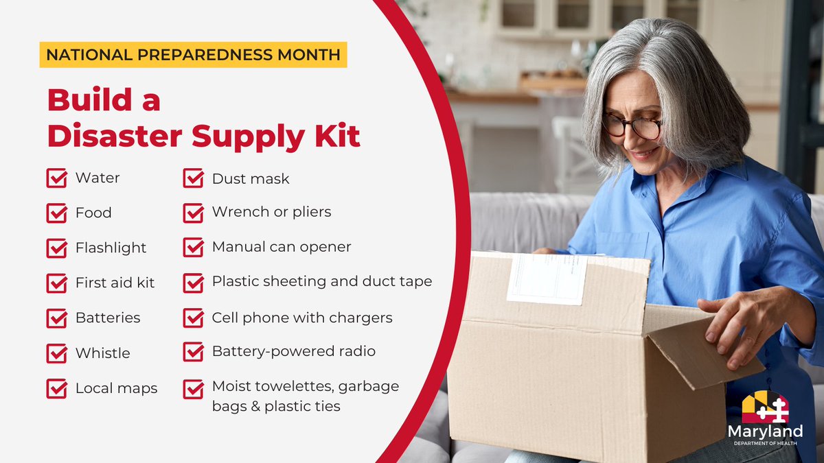 National Preparedness Month #TipOfTheWeek: Build an emergency kit with enough supplies to last at least three days, including:
🥤 1 gallon of water per day
🥫 Non-perishable food
💊 Medications
Learn more: bit.ly/39KrZyc