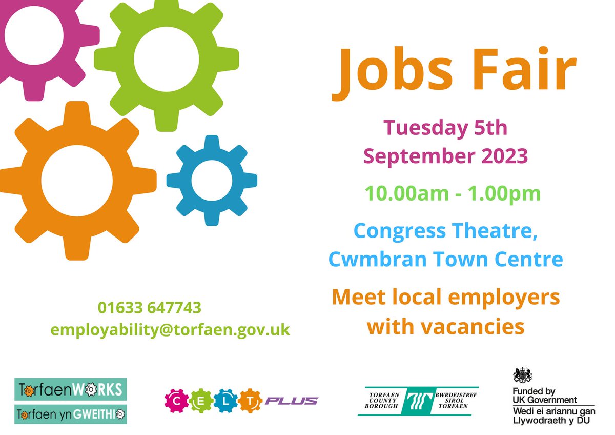 📢 JOB FAIR ALERT! 📢 
Taking place tomorrow, Tuesday 5 September, from 10am to 1pm at the Congress Theatre in Cwmbran Town Centre.7
Join us to meet local employers with exciting job vacancies!
Don't miss out on this fantastic opportunity to kickstart your career! #TorfaenWorks