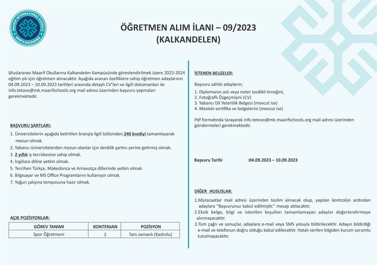 КОНКУРС ЗА НАСТАВНИК - 09/2023 KONKURS PËR MËSIMDHËNËS - 09/2023 ÖĞRETMEN ALIM İLANI - 09/2023