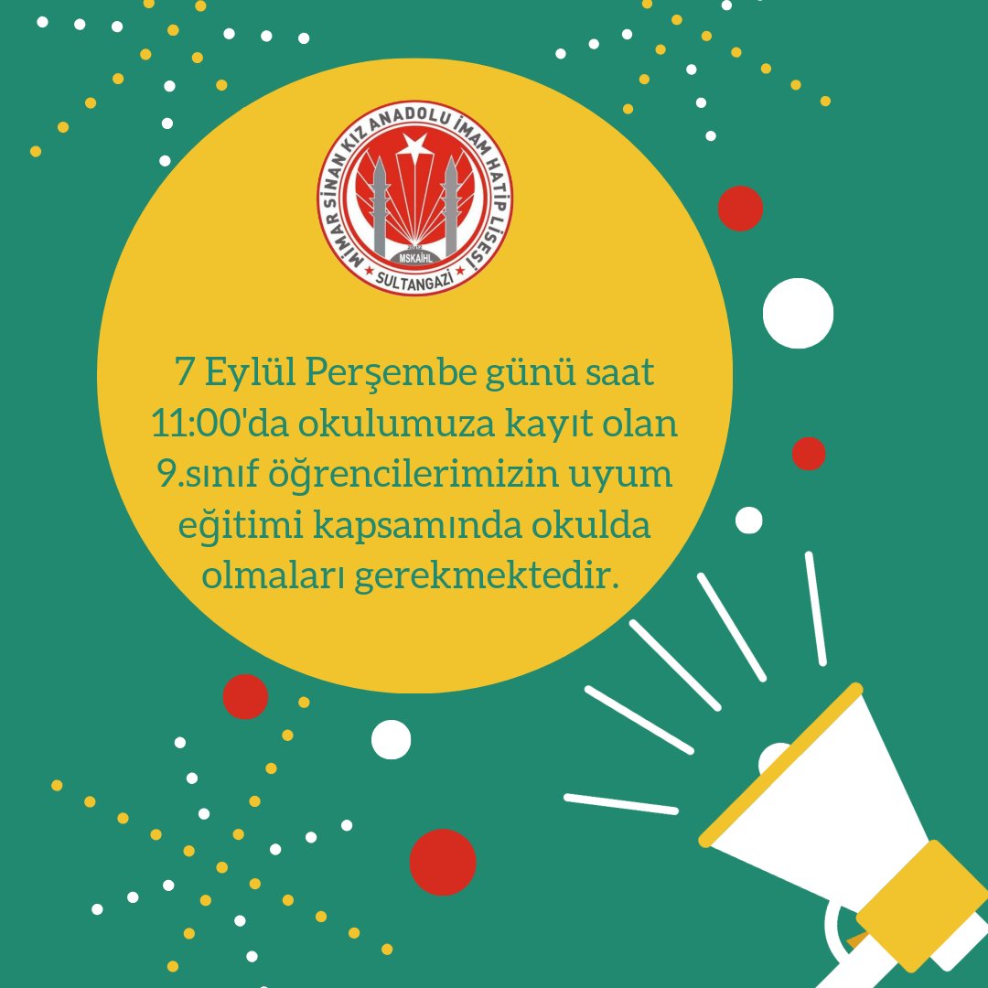 7 Eylül Perşembe günü saat 11:00'da okulumuza kayıt olan 9.sınıf öğrencilerimizin uyum eğitimi kapsamında okulda olmaları gerekmektedir. <a href="/sultangazimem1/">Sultangazi İlçe Millî Eğitim Müdürlüğü</a> <a href="/BAKIRPINAR/">Pınar</a>
