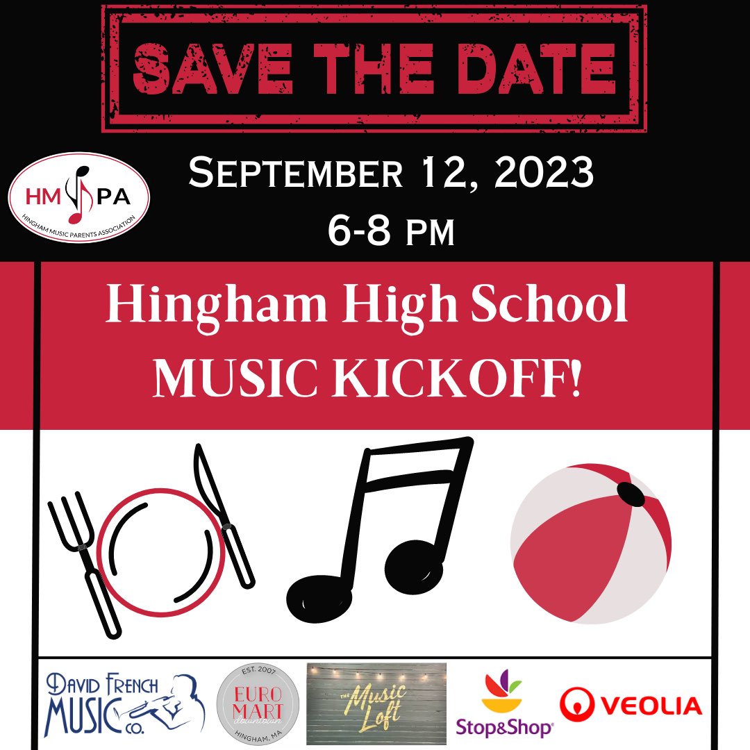 SAVE THE DATE!

HHS Music students are invited to join together for dinner, music and games on September 12 from 6-8 at Hingham High. <a href="/rswansonhingham/">Rick Swanson</a> <a href="/HPS_Arts/">Fine and Performing Arts - Hingham Public Schools</a> 

Many thanks to our sponsors:
<a href="/David/">David Noël 🇪🇺</a> French Music Company
@euromart
<a href="/themusicloft/">The Music Loft</a>
<a href="/StopandShop/">Stop & Shop</a> 
<a href="/Veolia/">Veolia</a>