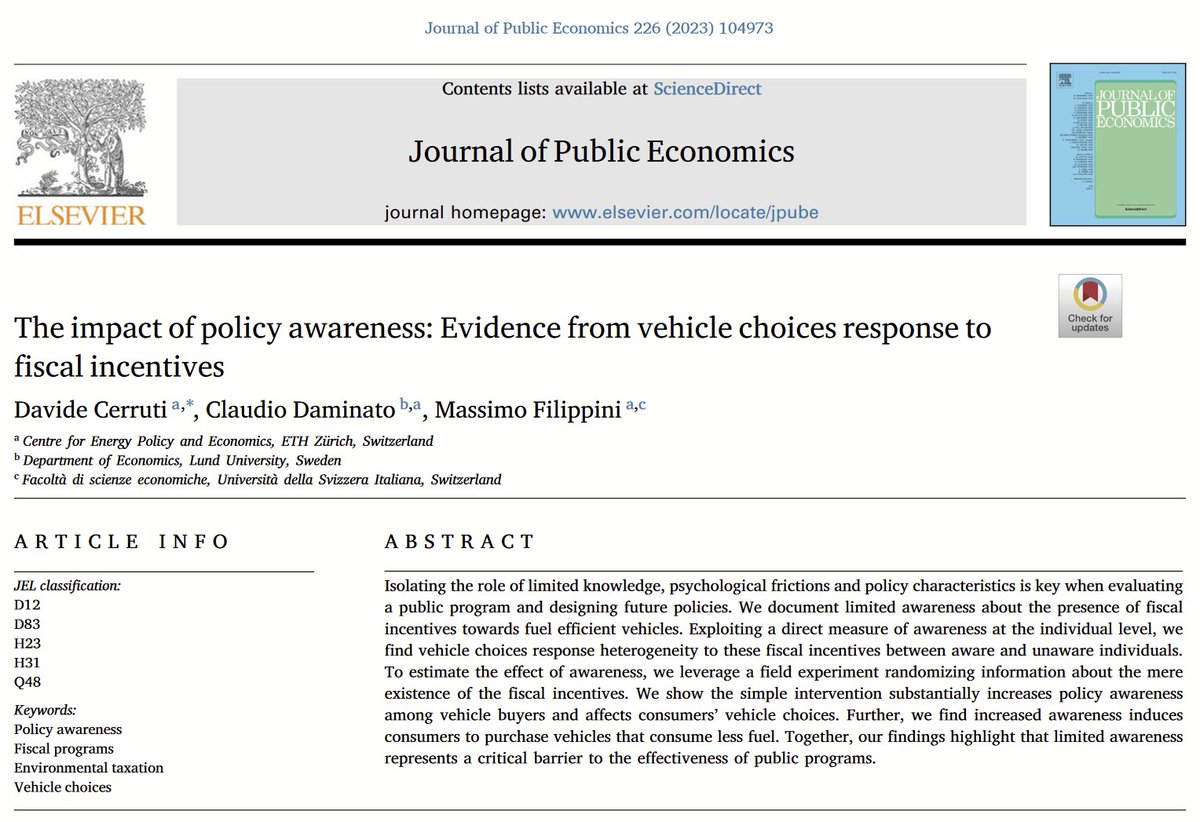 🙂Just published in @JPubEcon Does policy awareness matter for the impact of public programs? Informing consumers about the mere presence of fiscal incentives induces them to buy more efficient cars. Adequate program awareness is key to public policy effectiveness free access