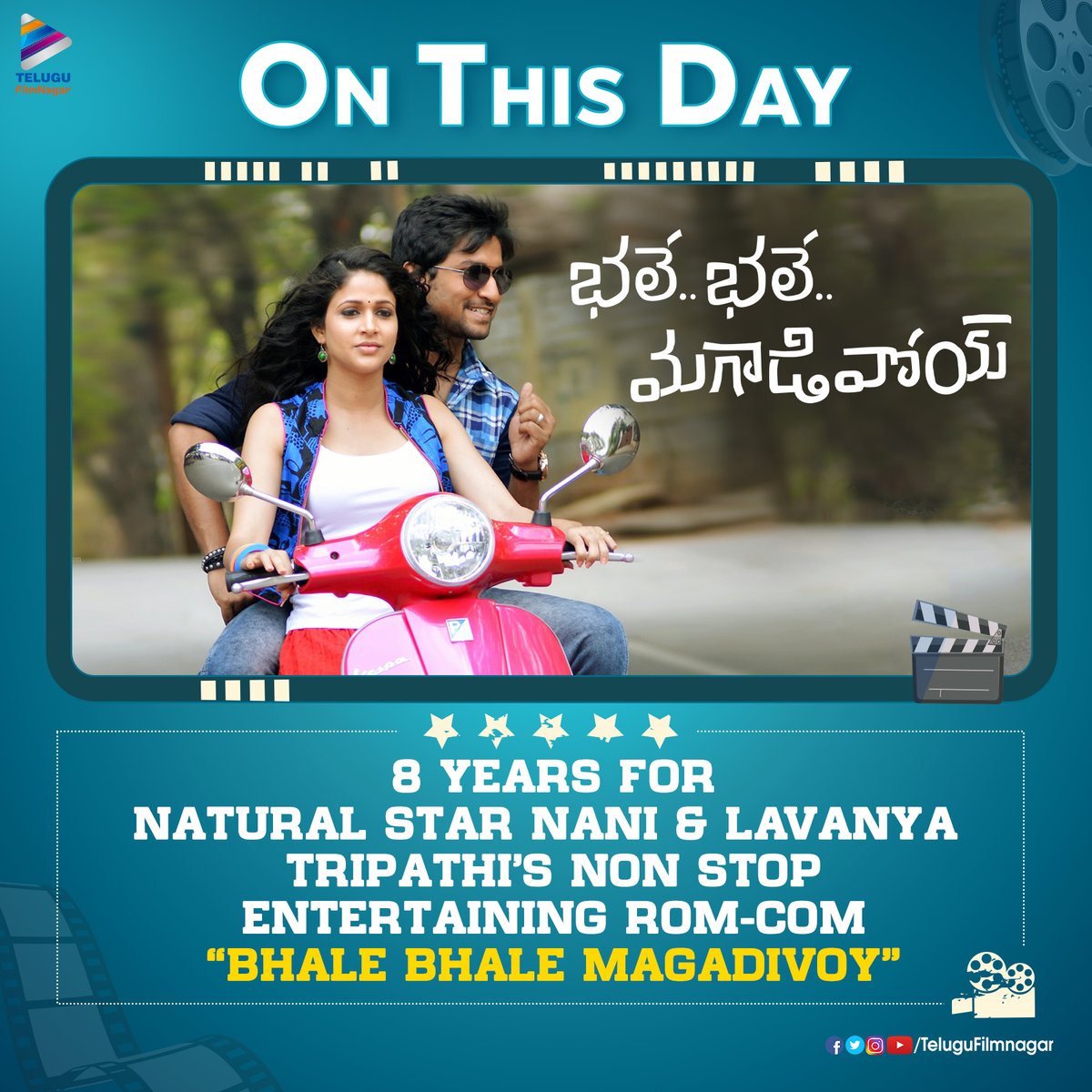 Telugu FilmNagar (@telugufilmnagar) on Twitter photo మర్చిపోయాం...సినిమా రిలీజ్ డే కదా 😂
Celebrating 8️⃣ years for Natural star #Nani & Beautiful #LavanyaTripathi's Non Stop Entertaining Rom-Com #BhaleBhaleMagadivoy directed by #Maruthi!!❤️
#8YearsForBhaleBhaleMagadivoy
<a href="/NameisNani/">Nani</a> <a href="/Itslavanya/">Lavanya konidela tripathi</a> <a href="/DirectorMaruthi/">Director Maruthi</a> <a href="/GopiSundarOffl/">Gopi Sundar</a> మర్చిపోయాం...సినిమా రిలీజ్ డే కదా 😂
Celebrating 8️⃣ years for Natural star #Nani & Beautiful #LavanyaTripathi's Non Stop Entertaining Rom-Com #BhaleBhaleMagadivoy directed by #Maruthi!!❤️
#8YearsForBhaleBhaleMagadivoy
<a href="/NameisNani/">Nani</a> <a href="/Itslavanya/">Lavanya konidela tripathi</a> <a href="/DirectorMaruthi/">Director Maruthi</a> <a href="/GopiSundarOffl/">Gopi Sundar</a>