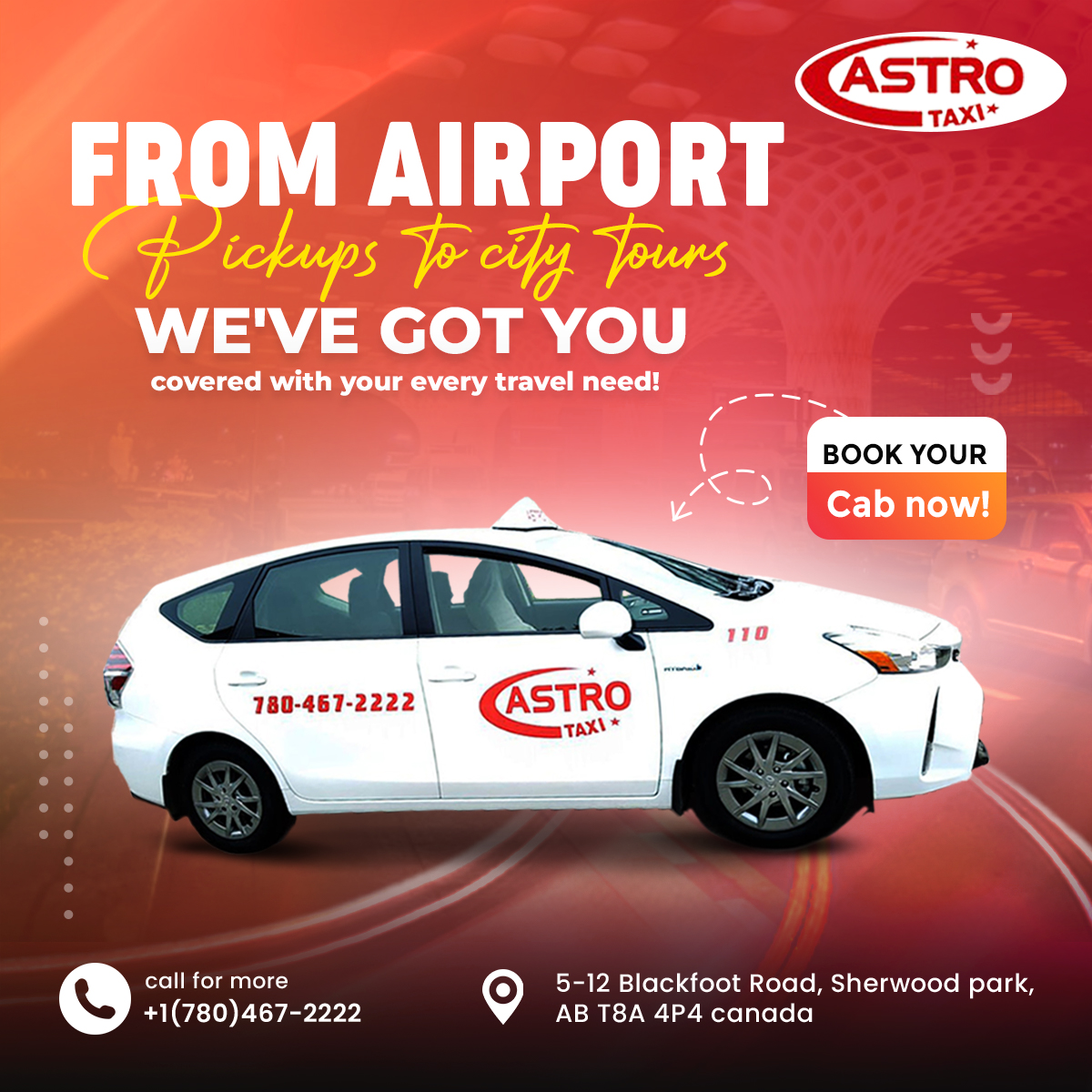 From airport pickups to city tours we’ve got you covered with your every travel need!

BOOK NOW!
☎+1(780)467-2222

#airportpickups #everytravelneed #reasonstochoose #onthetime #bestride #friendlyride #ReliableTransport  #astrotaxicanada #alberta #sherwood #sherwoodpark #canada