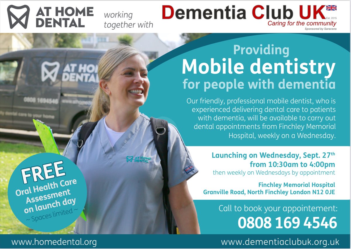 Dementia Club UK are delighted to be working with @AtHomeDent to provide dental services for people with dementia and their carers. 

The launch event will be on Wednesday 27th September  at Finchley Memorial Hospital, weekly on Wednesdays. 

Please call 0808 169 4546.