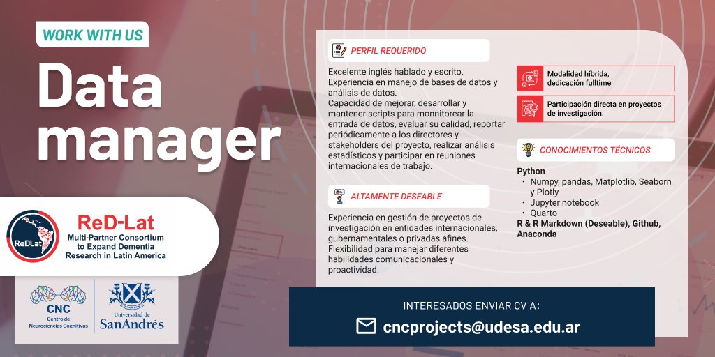 📌¿Eres un experto en manejo de bases de datos? ¿Te interesa un proyecto de investigación en neurociencias e inteligencia artificial? 

¡Mira esta oportunidad del @CNCUdeSA y @ReDLat_Dementia! 

#Empleo #DataManager #CienciaDeDatos #Neurociencias #IA