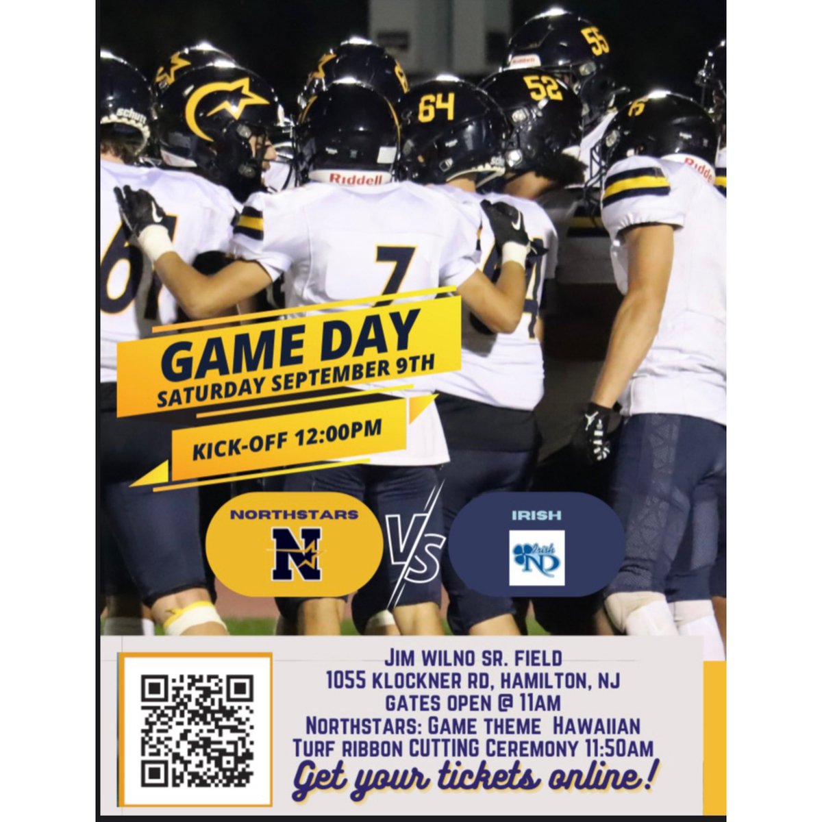 Tickets for Saturdays football game are now on sale! Use the QR code to purchase tickets. (Only online tickets are available-no cash) Join us in celebrating the opening of our new turf facility and watching our stars shine! Kick-off set for 12pm!🏈💫