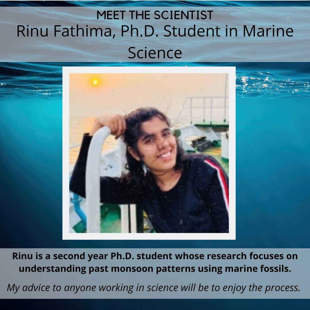 #MeetTheScientist with Rinu Fathima (<a href="/Fathima_foram/">Rinu Fathima</a>), who uses marine microfossils (planktic #foraminifera) to investigate past #monsoon patterns! Read more about Rinu on the site at timescavengers.blog/2023/09/04/rin…