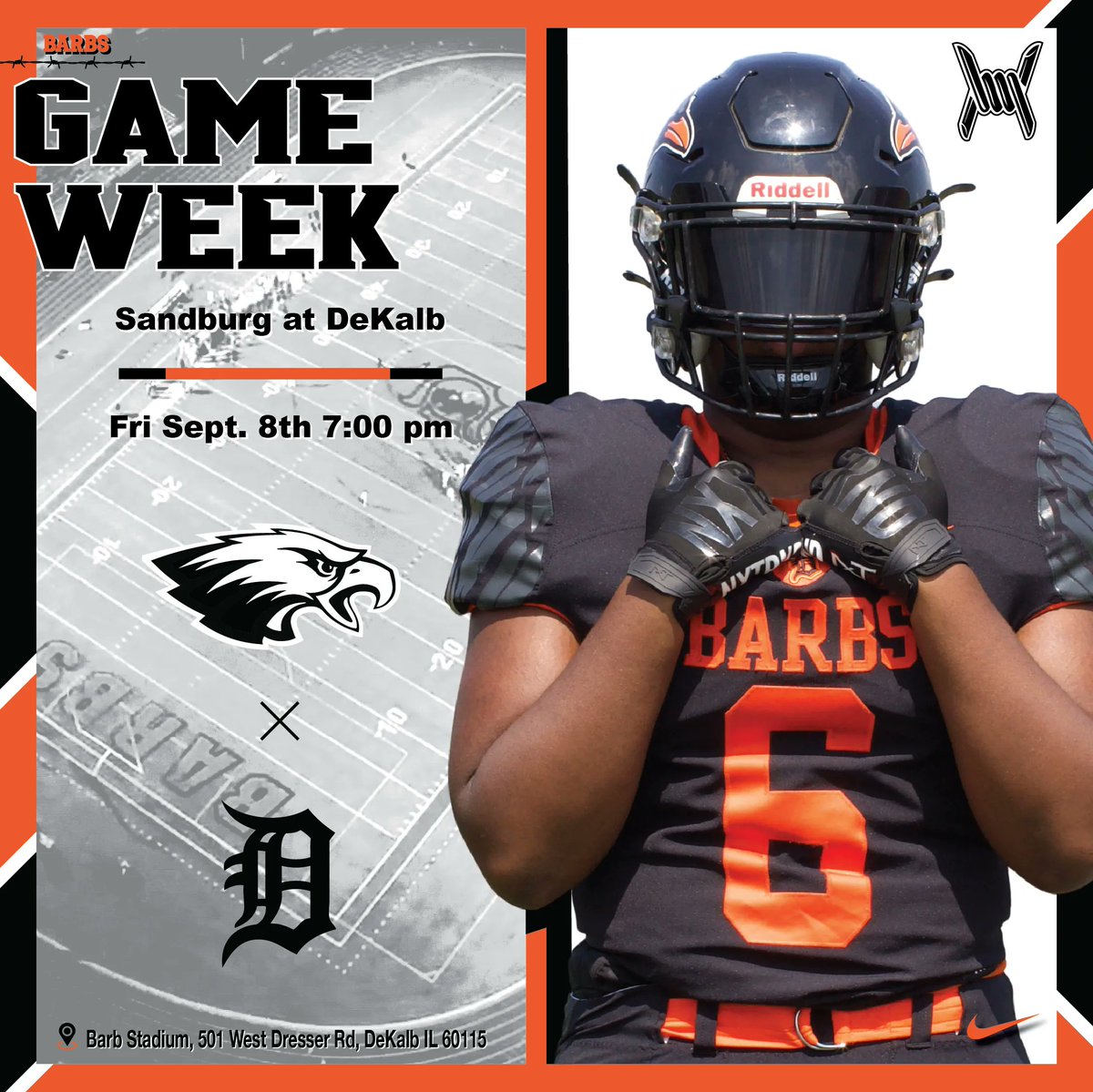 This Friday the Barbs take on Carl Sandburg at Home! Sophomore kickoff at 4:30pm, Varsity at 7:00pm! ⚫ 🟠