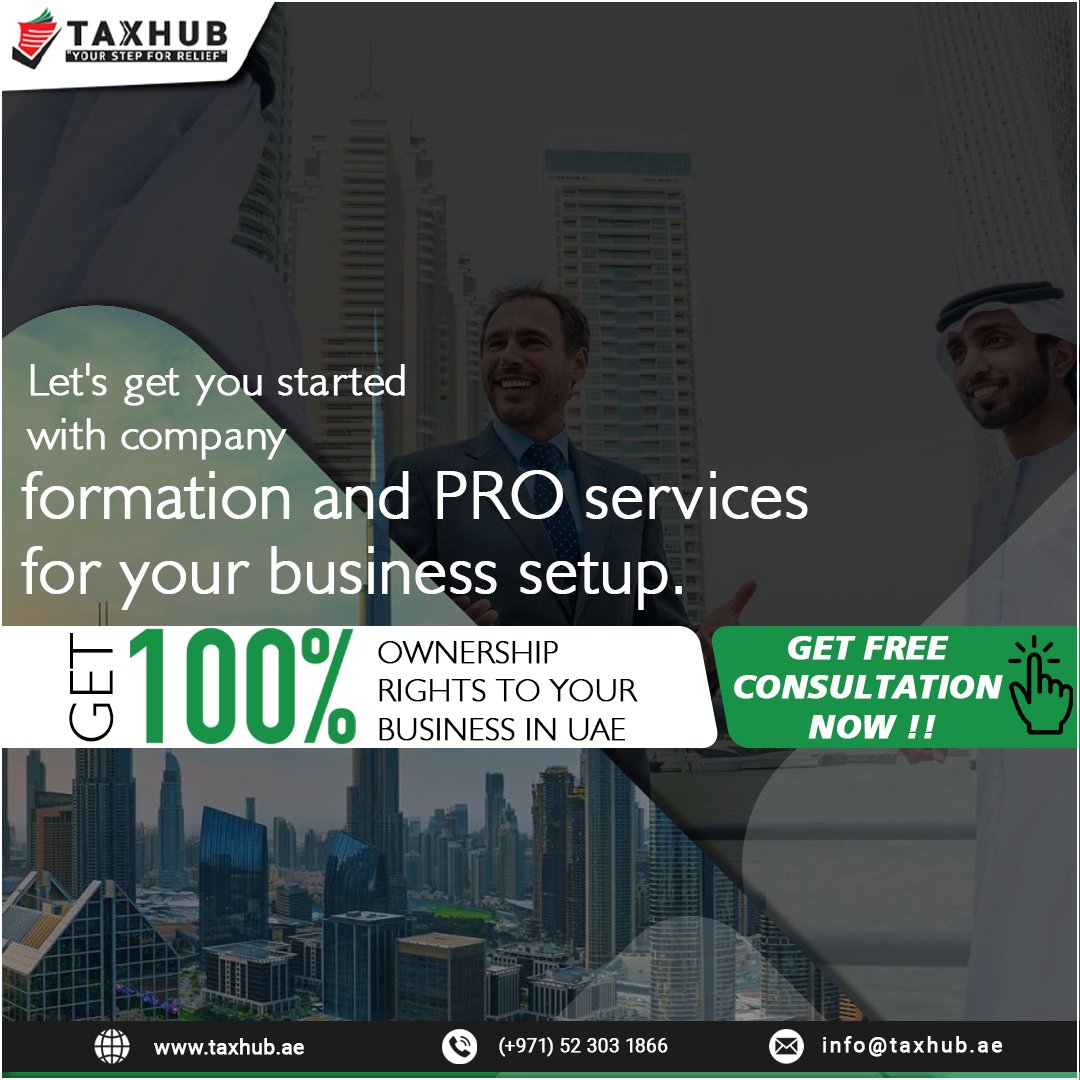 'Ready to launch your business in the UAE? 🚀 With TaxHub's PRO services, you can seamlessly set up your company and secure 100% ownership rights. Start your journey today with a FREE consultation. 
#taxhub #PROServices #businesssetup #TaxUAE #uaeservices