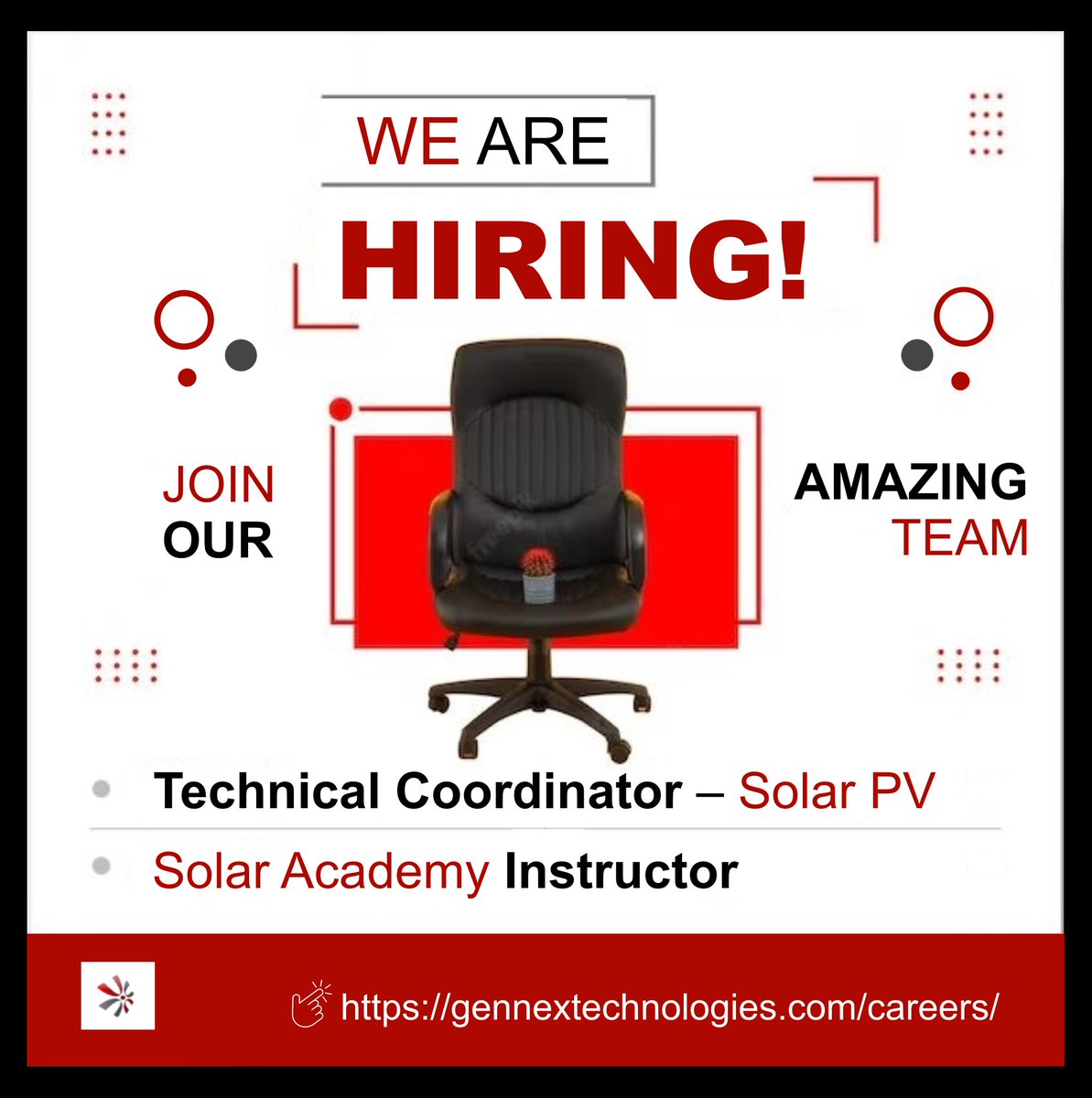 Visit gennextechnologies.com/careers/ for details and apply now.

#jobvacancy #nigeriajobs #vacancies #jobsinlagos #lagosjobs #solarjobs #energyjobs