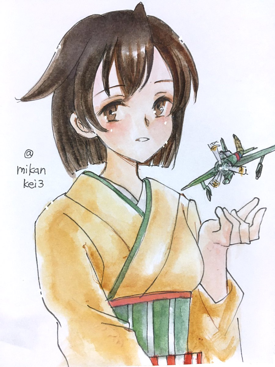 hiryuu (kancolle) 1girl japanese clothes short hair brown hair brown eyes solo aircraft  illustration images