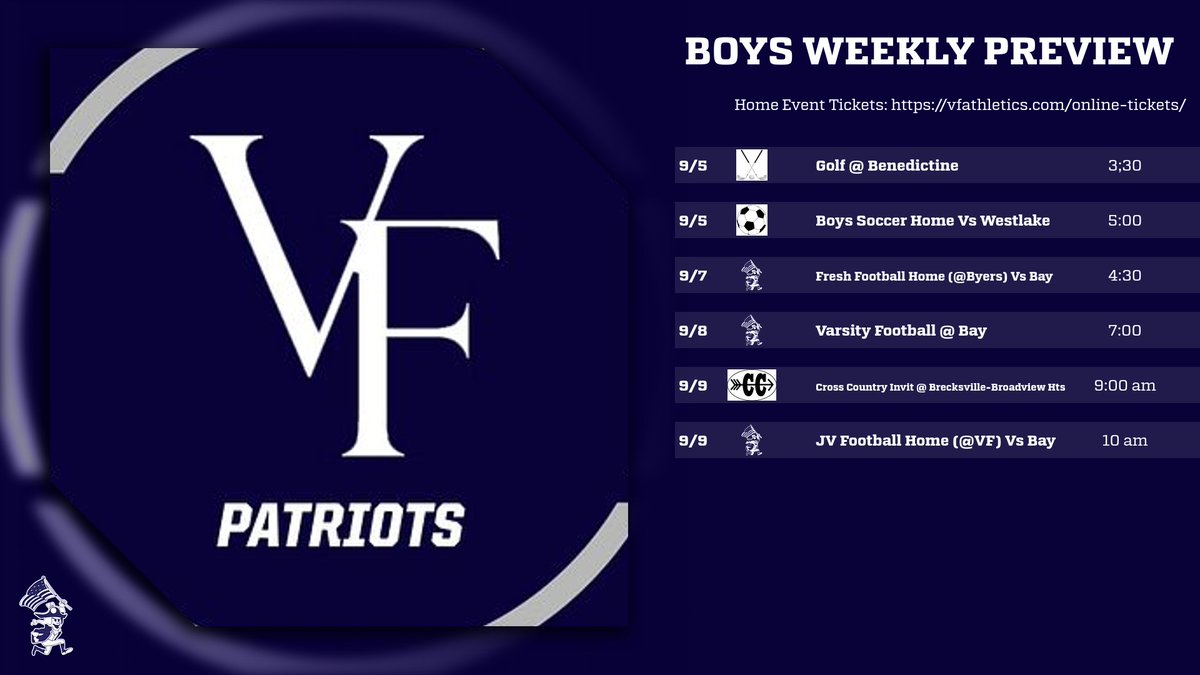 VFAthletics's tweet photo. COME OUT AND SUPPORT OUR MALE PATRIOTS THIS WEEK!   GOOD LUCK TO ALL TEAMS!  

Ticket Link for Home Events: 
https://t.co/pPoL9BD3Yd https://t.co/T9cQJDVYOQ