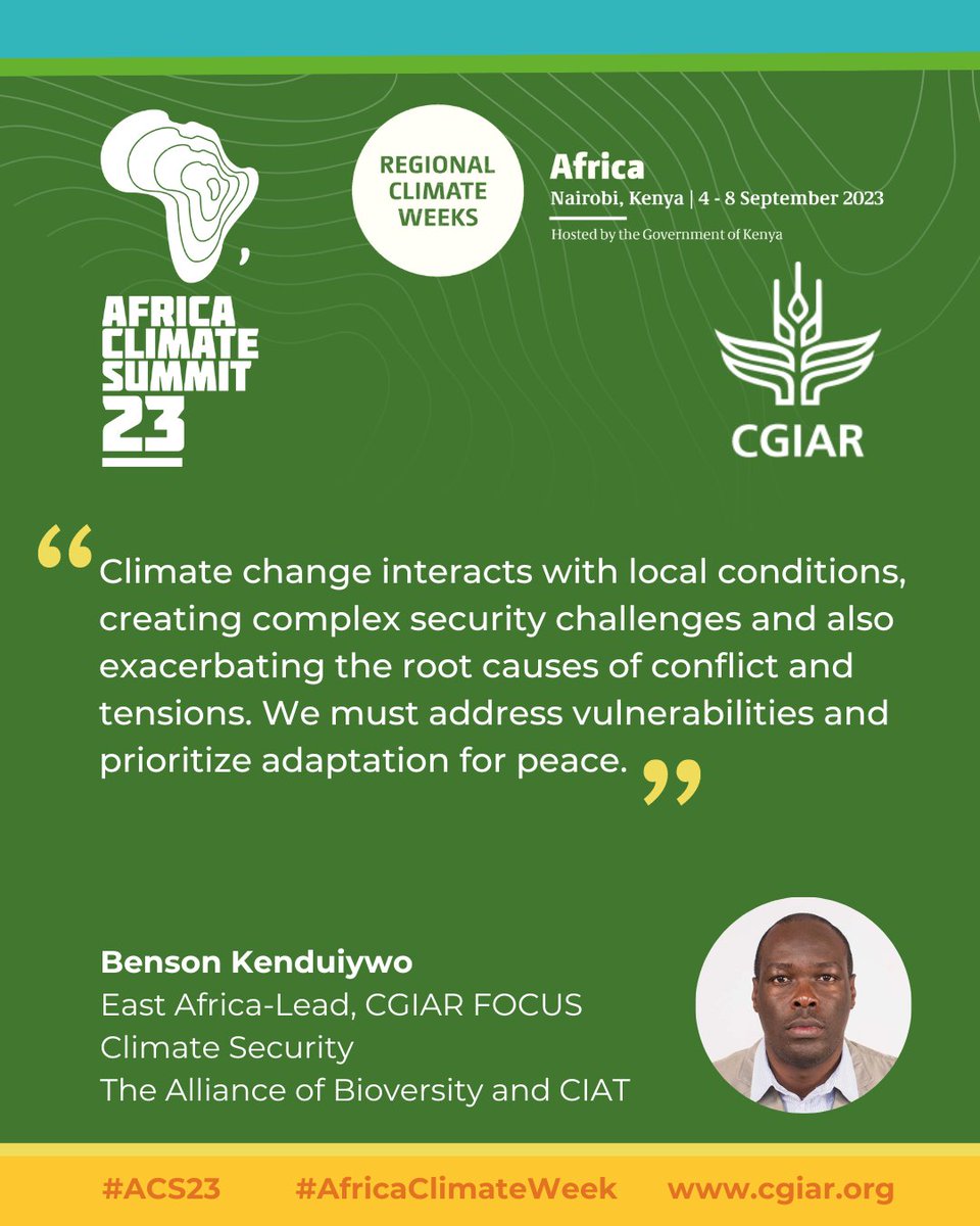 "Prioritizing adaptation efforts aimed at fostering peace can lead to more resilient and stable communities, and reduce the risk of conflicts in areas vulnerable to the impacts of climate change." ~ <a href="/bensonkenduiywo/">Dr. -Ing. MISK Kenduiywo</a> 

#ACS23 #AfricaClimateWeek <a href="/BiovIntCIAT_eng/">Alliance of Bioversity International and CIAT</a> <a href="/CGIAR/">CGIAR</a>