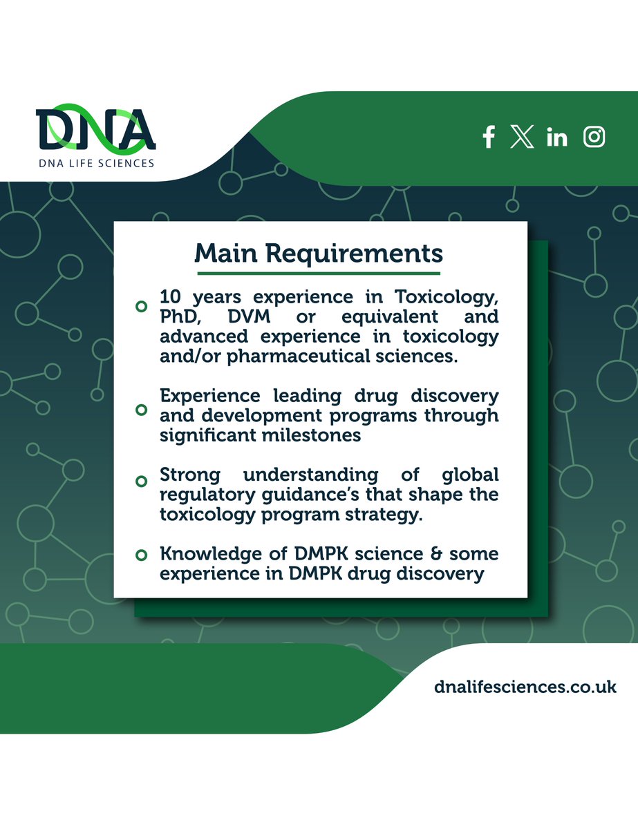 DNA Life Sciences (@dnalifesciences) on Twitter photo 💊 Director of Toxicology and Preclinical Pharmacology (Biotech – United States) 💊
For more information or to send over your CV, please contact info@dnalifesciences.co.uk
#lifesciences #recruitment 💊 Director of Toxicology and Preclinical Pharmacology (Biotech – United States) 💊
For more information or to send over your CV, please contact info@dnalifesciences.co.uk
#lifesciences #recruitment