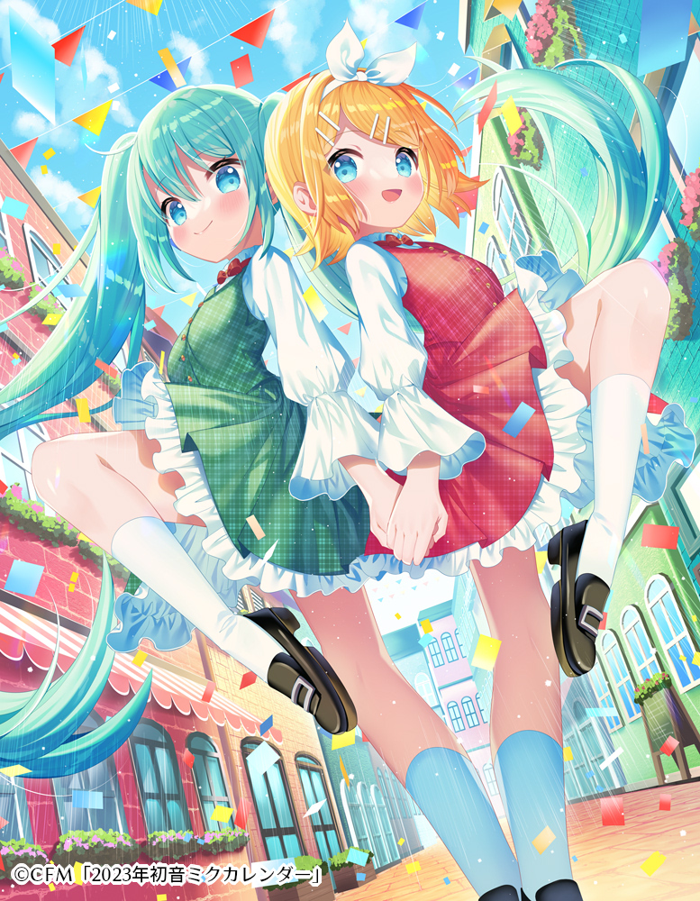 hatsune miku ,kagamine rin multiple girls 2girls blonde hair socks dress plaid dress twintails  illustration images