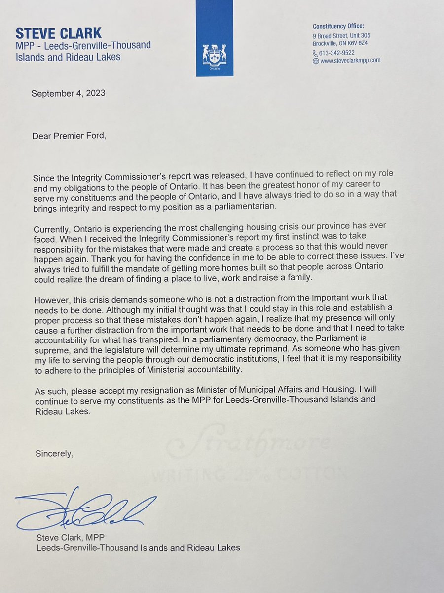 As someone who has given my life to serving the people through our democratic institutions, it is my responsibility to adhere to the principles of Ministerial accountability. I will continue to serve my constituents as the MPP for Leeds-Grenville-Thousand Islands and Rideau Lakes