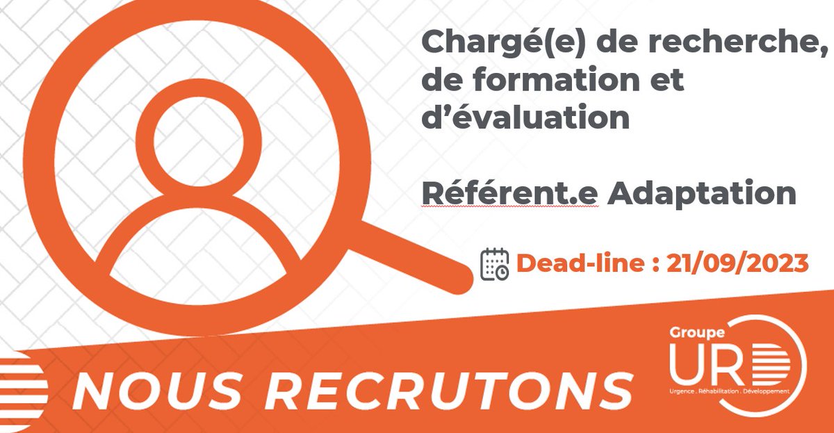 📢 [EMPLOI] : le Groupe URD recherche un.e  Chargé(e) de recherche, de formation et d’évaluation / Référent.e Adaptation du secteur de l'aide face aux changements climatiques et dégradations environnementales. 
⚠️Dead-line : 21/09/23
👉Voir le détail : ow.ly/NaWp50PHs8F