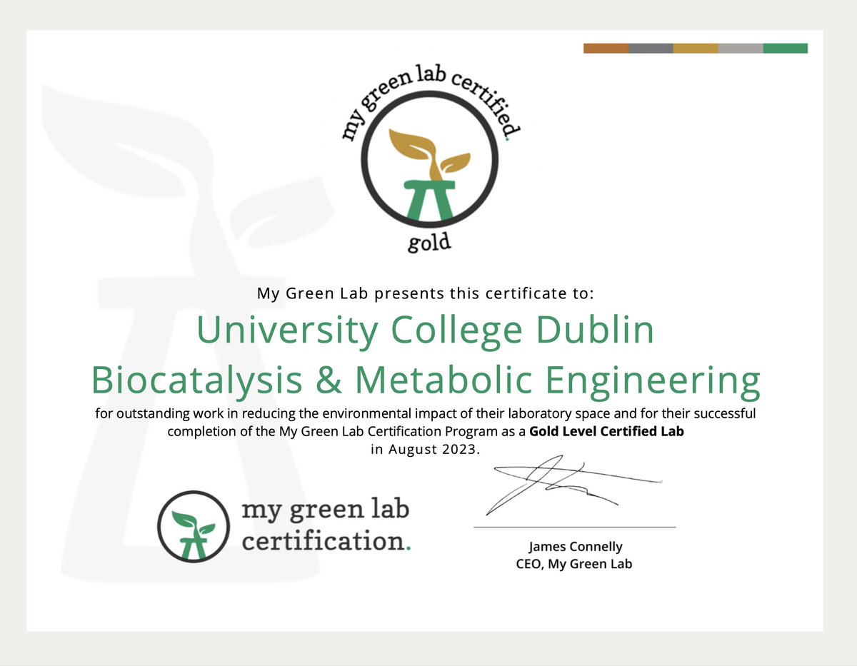 FCerrone_DCU's tweet photo. Proud that our #Biocatalysis and #MetabolicEngineering lab @UCD_SBBS was awarded the Gold certification in lab sustainability. Thanks to @My_Green_Lab suggestions we improved in #energy #wastereduction #resourcesmanagement Thanks to @portokalica @kevinoconnorucd @biOrbic_centre https://t.co/Upcz0CI1tf