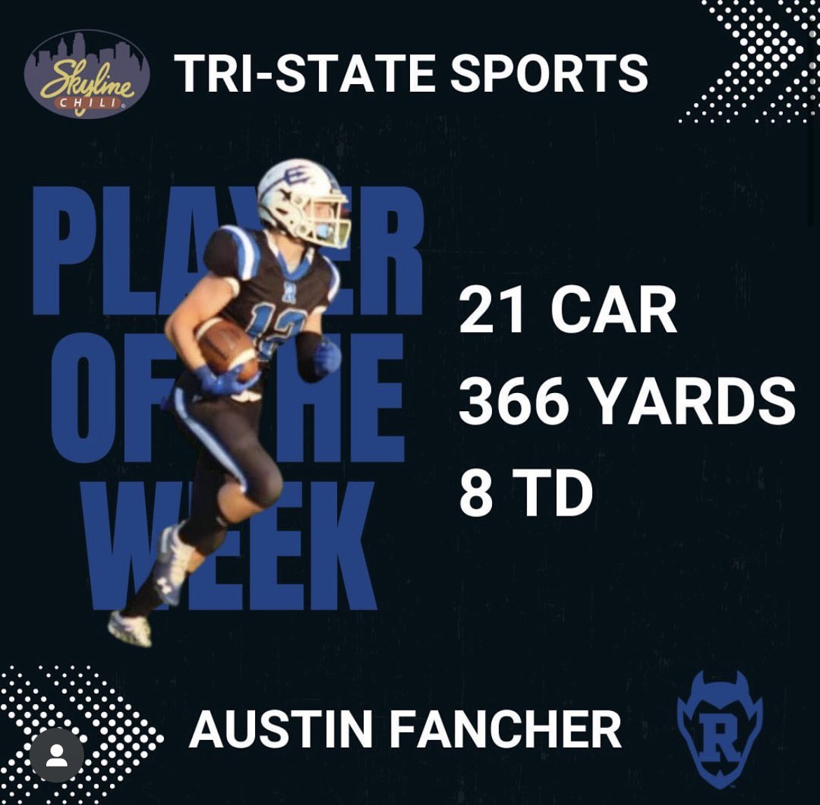 RBDSportsNet's tweet photo. Congrats to Reading Senior @Austin35Fancher on being named the Tri State Sports Player Of The Week! With this award Fancher has also received a $25 dollar gift card to Skyline Chili! Way to go Austin! #BlueDevilPride https://t.co/X9MJSOg5xk
