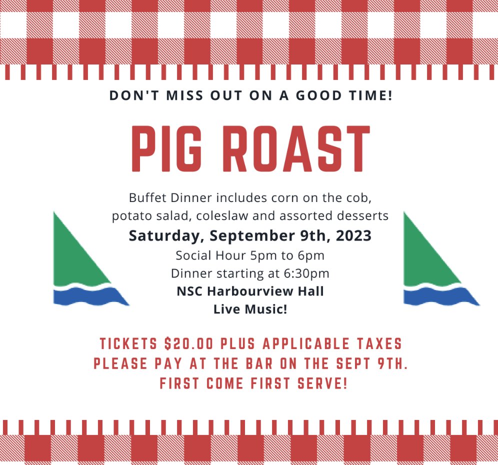 Pig Roast Buffet Dinner
$20 + tax

Includes corn on the cob, potato salad, coleslaw and assorted desserts

Saturday, September 9
Social hour 5-6 p.m.
Dinner starting at 6:30 p.m.
Live music!
Please pay at the bar – first come, first served