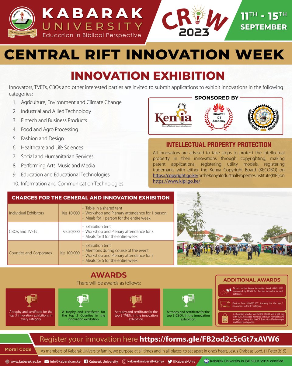Get ready to showcase your groundbreaking innovations at Central Rift Innovation Week, 2023! We are calling all innovators, TVETs, CBOs, and enthusiasts to submit their applications for an opportunity to shine on the innovation stage. Let's turn ideas into reality! 💡

 #CRIW2023
