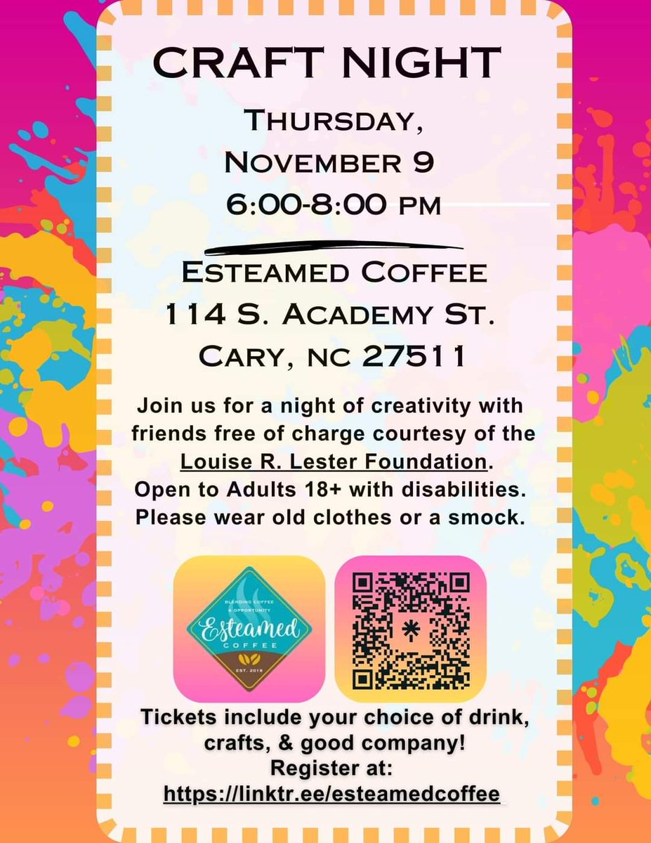 Happy Labor Day everyone! We're closed today, but we look forward to seeing you tomorrow between 7:30 am and 3:00 p.m.  linktr.ee/EsteamedCoffee Here is a new fall special event- our first ever Craft Night at Esteamed Coffee for adults with differing abilities! Click to join!