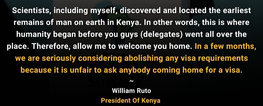 President Ruto: In a few months, we are seriously considering abolishing any visa requirements because it is unfair to ask anybody coming home for visa. 
#NationClimate
#AfricaClimateSummit23 
#ACS23
#AfricaClimateSummit23